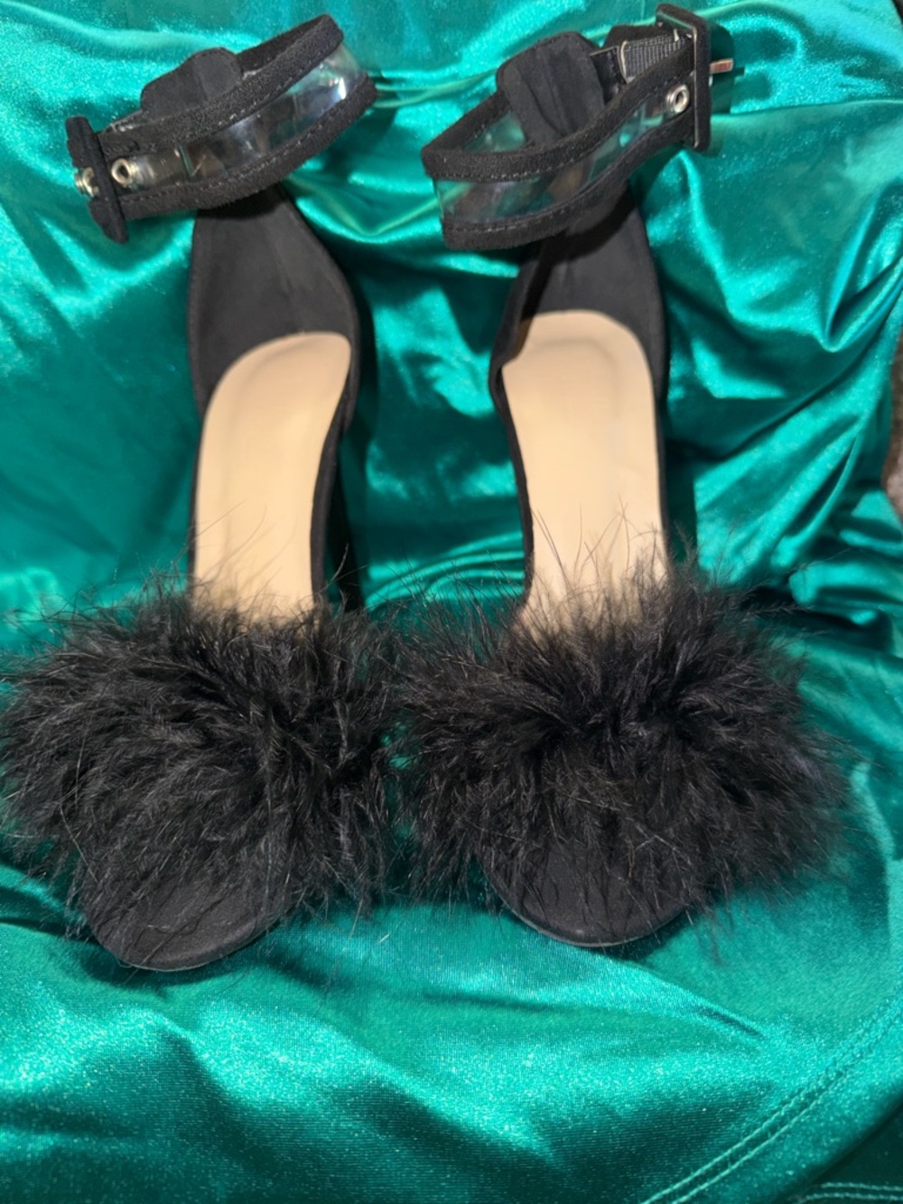 Charlotte Russe Black Feather Pom Open-Toe Ankle Strap Heels